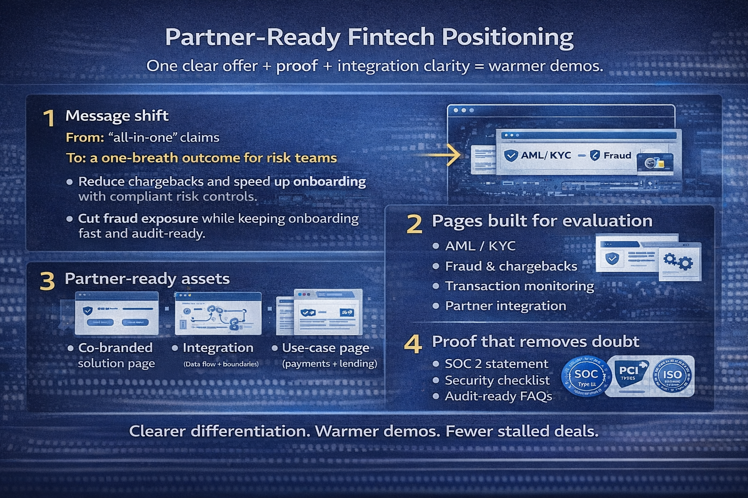 Partner-ready fintech positioning infographic showing message shift, evaluation-focused pages, partner assets, and trust proof (SOC2, security checklist, FAQs) to drive warmer demos.