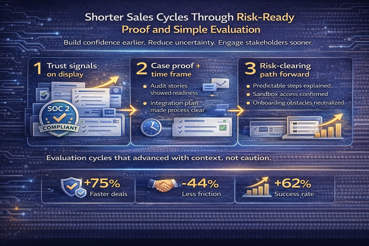 Shorter sales cycles infographic showing risk-ready proof, SOC2 and AML credibility checks, clear post-demo steps, and predictable evaluation path that reduces hesitation and moves fintech deals forward faster.