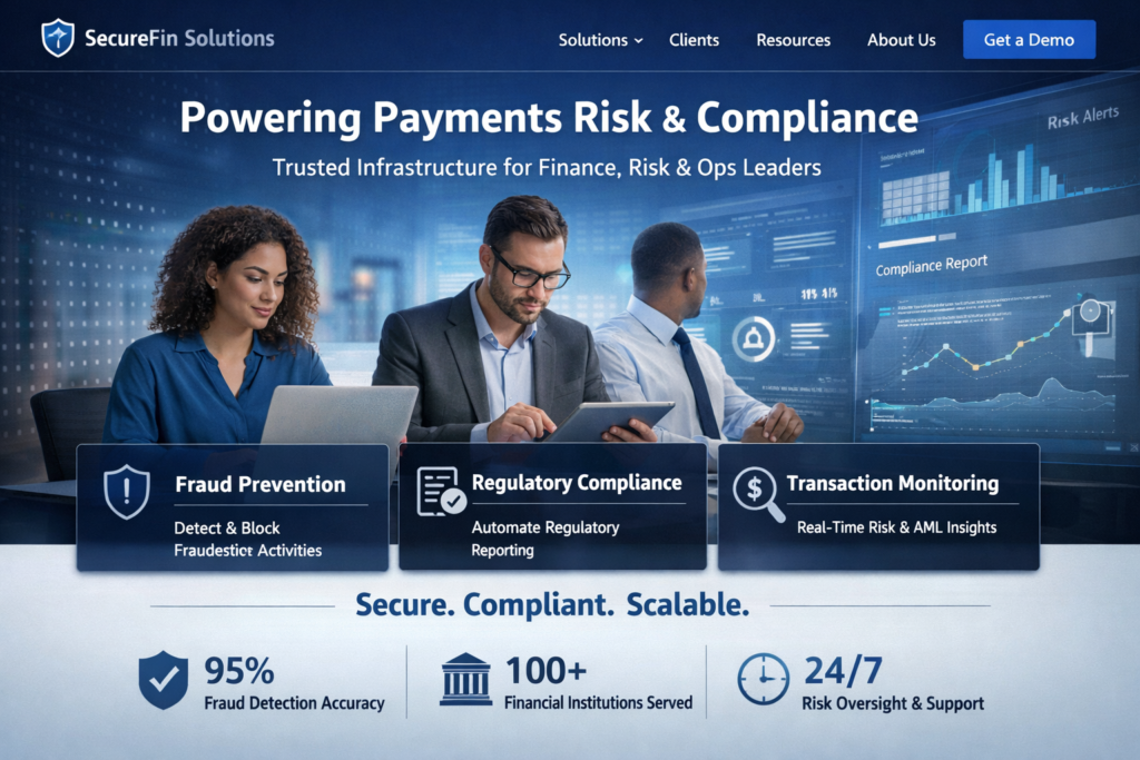 Screenshot of SecureFin regtech promoting payment risk, fraud prevention, compliance and monitoring for finance leaders.