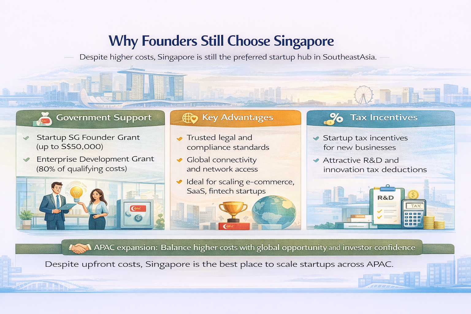 Why founders choose Singapore infographic grants, trusted compliance, tax incentives, global connectivity, investor confidence; best hub for ecommerce SaaS fintech and deep tech scaling in APAC.