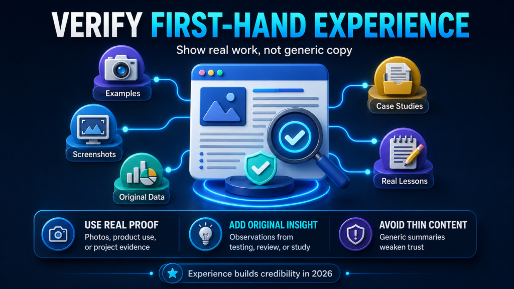 3D SEO visual showing first-hand experience proof with examples, screenshots, data, case studies, and real lessons.