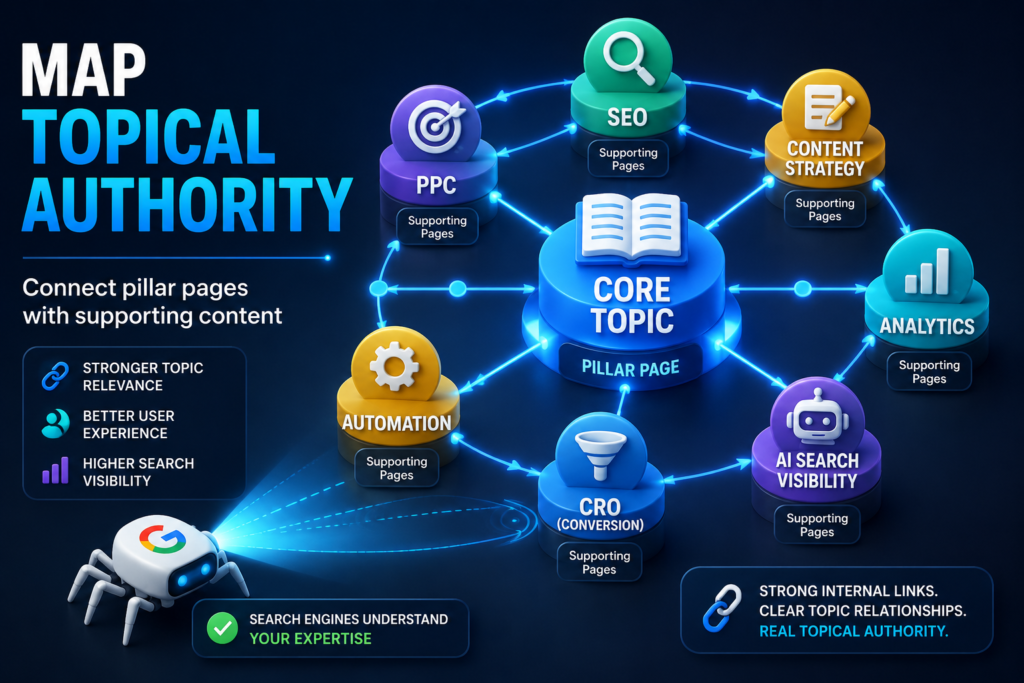 3D topical authority map with SEO content nodes, internal links, and crawler showing pillar page structure for AI search