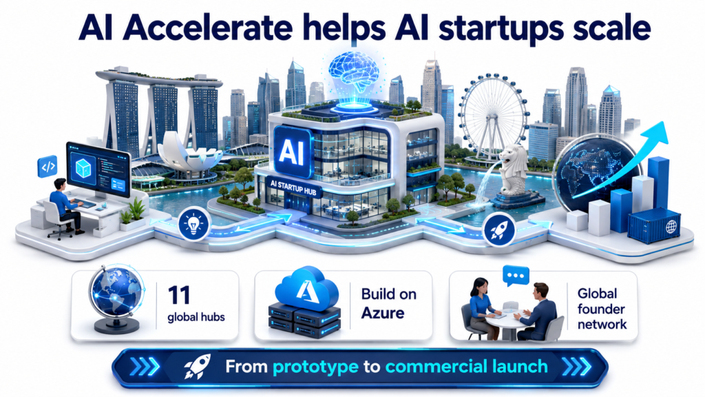 AI Accelerate infographic 11 global hubs, Azure support, and founder network from prototype to commercial launch stage.