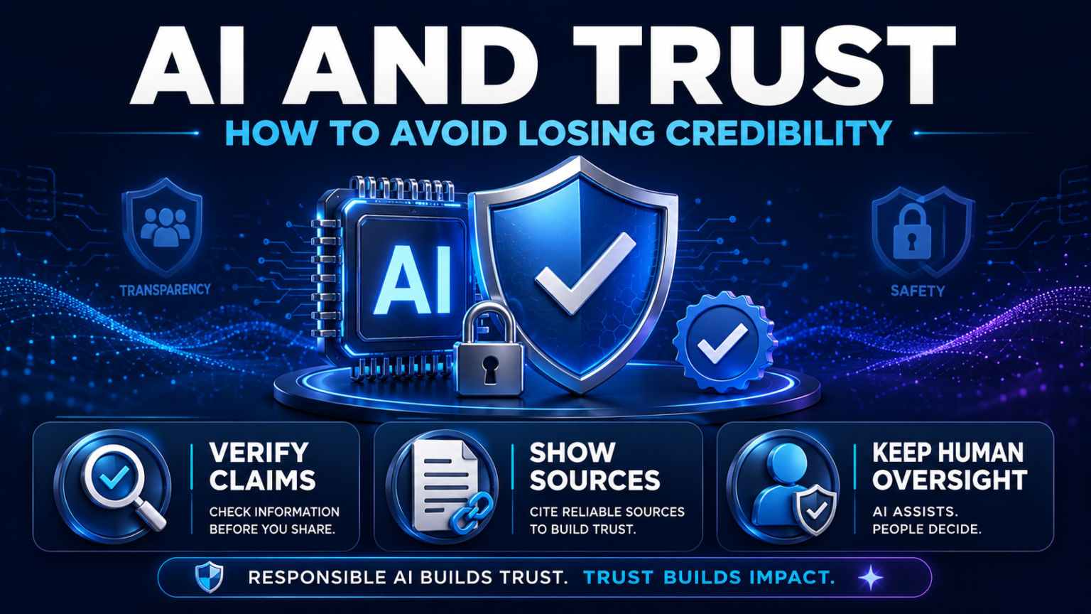 AI and trust visual with shield, lock, verified badge, sources, and human oversight for credible responsible AI use