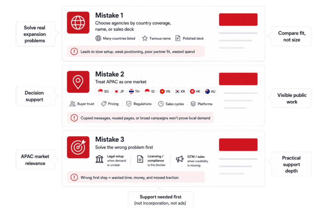 APAC market entry mistakes graphic showing country fit, local demand, compliance risks, and support needed first in 2026
