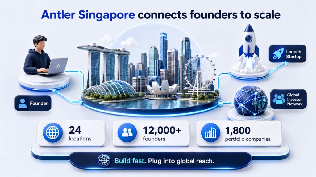 Antler Singapore infographic 24 locations, 12,000+ founders, 1,800 portfolio companies, global investor network shown