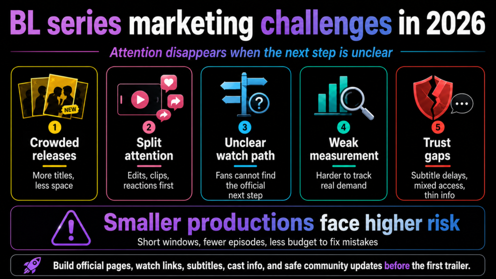 BL series marketing challenges in 2026 include crowded releases, split fan attention, unclear watch paths, weak tracking.