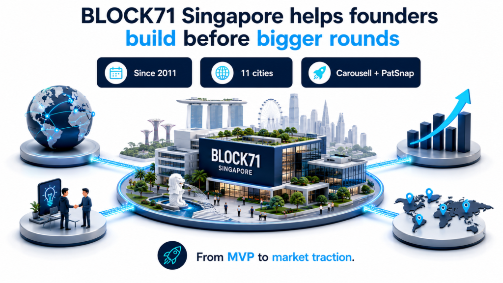 BLOCK71 Singapore infographic since 2011, 11 cities, Carousell and PatSnap examples, from MVP to traction.