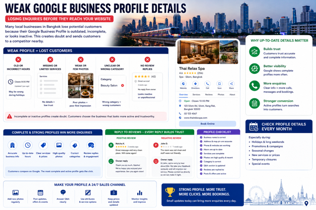 Bangkok Google Business Profile infographic showing old hours, missing services, weak photos, wrong categories, no review replies, monthly checks, and booking trust signals.