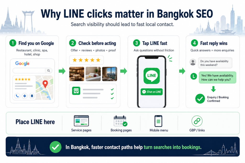 Bangkok SEO infographic showing LINE click journey from Google search to reviews, photos, proof, chat button, fast replies, enquiries, bookings, GBP links, service pages, and mobile menus.