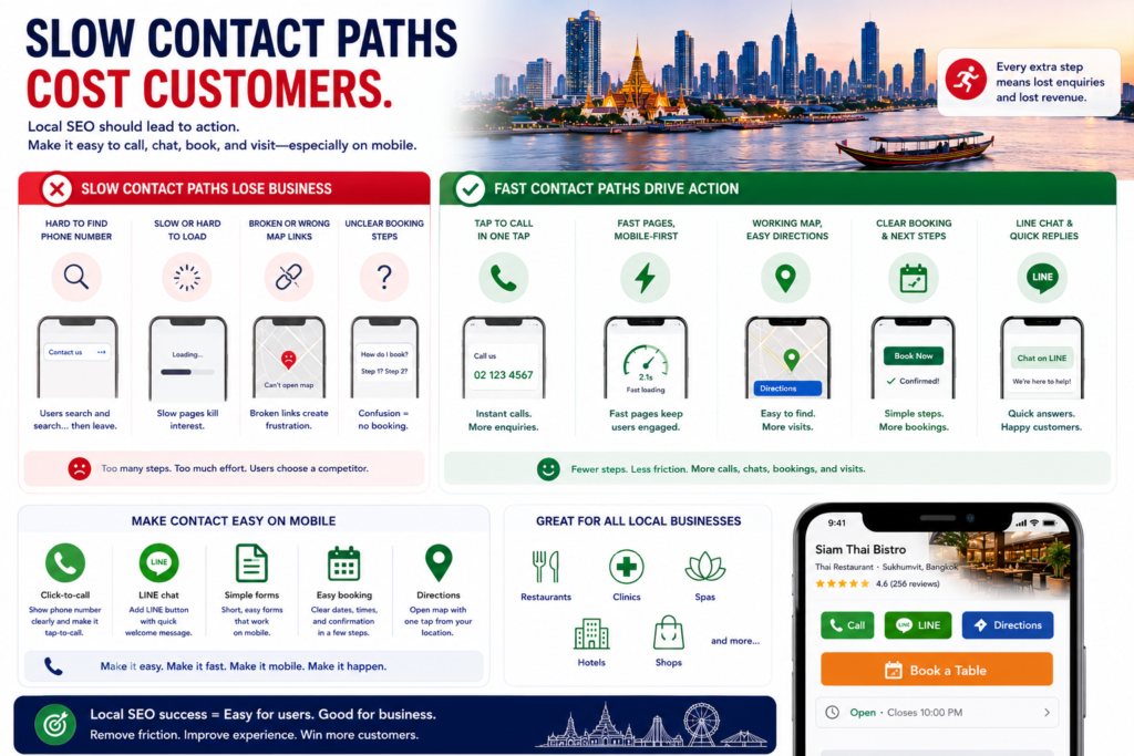 Bangkok local SEO infographic showing slow contact paths, hard-to-find phone numbers, slow pages, broken map links, unclear booking steps, click-to-call, LINE chat, directions, and mobile booking buttons.