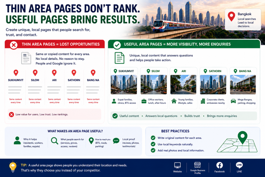 Bangkok local SEO infographic showing thin area pages versus useful Sukhumvit, Silom, Ari, Sathorn, and Bang Na pages with local proof, BTS access, reviews, and enquiry signals.