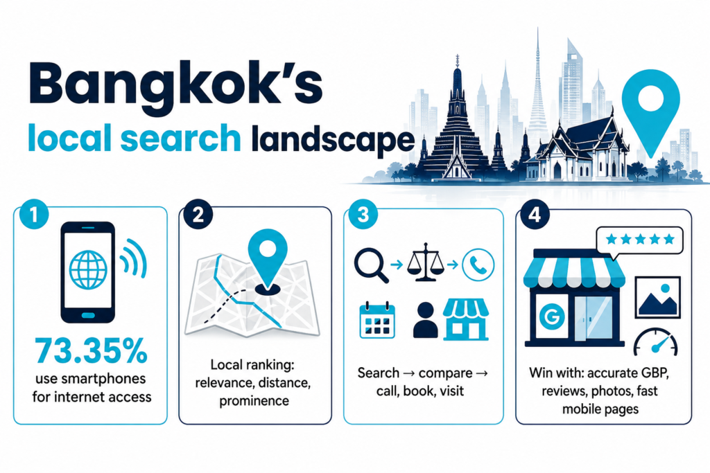 Bangkok local search infographic showing 73.35% smartphone internet use, ranking factors, user actions, and GBP trust signals.
