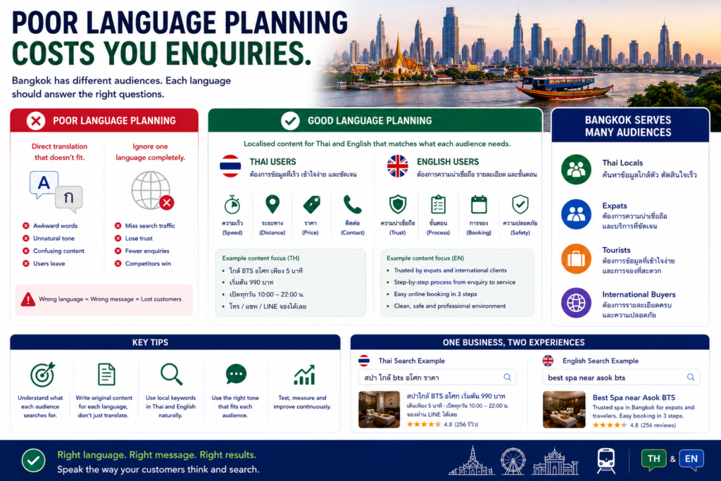 Bangkok multilingual SEO infographic showing poor language planning, Thai and English search intent, direct translation issues, speed, distance, price, trust, booking, and safety details.