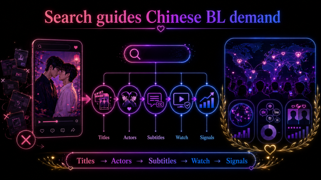 Chinese BL SEO diagram showing search paths for titles, actors, subtitles, legal watch links, and market demand signals.