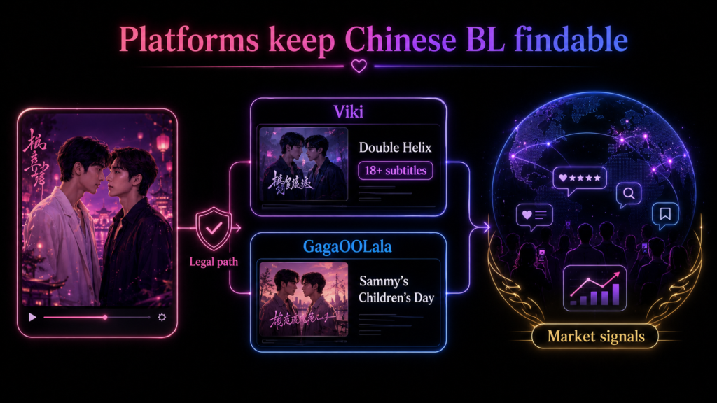 Chinese BL platform diagram showing legal releases, subtitles, Viki, GagaOOLala, and overseas market signals