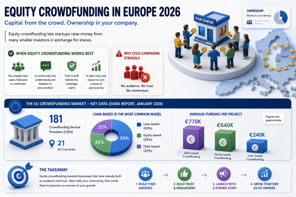 Europe crowdfunding chart 181 providers in 21 countries, model shares 532522%, avg funding €770K€640K€240K in 2026.