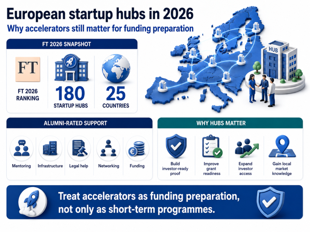 European startup hubs infographic showing FT 2026 ranking with 180 hubs across 25 countries and key rated support areas.