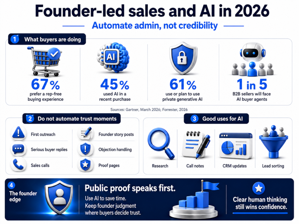Founder-led sales AI infographic 67% prefer rep-free buying, 45% used AI, 61% plan private AI, and 1 in 5 face agents.