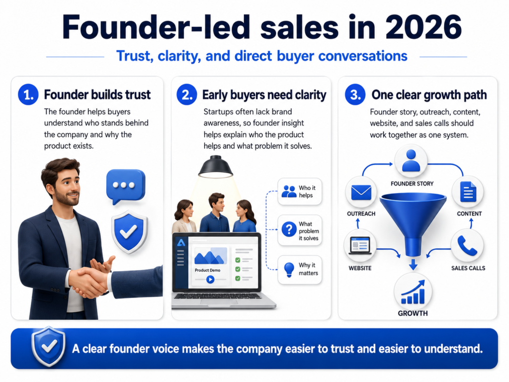 Founder-led sales infographic showing trust, buyer clarity, outreach, content, website, and sales calls in one growth path.