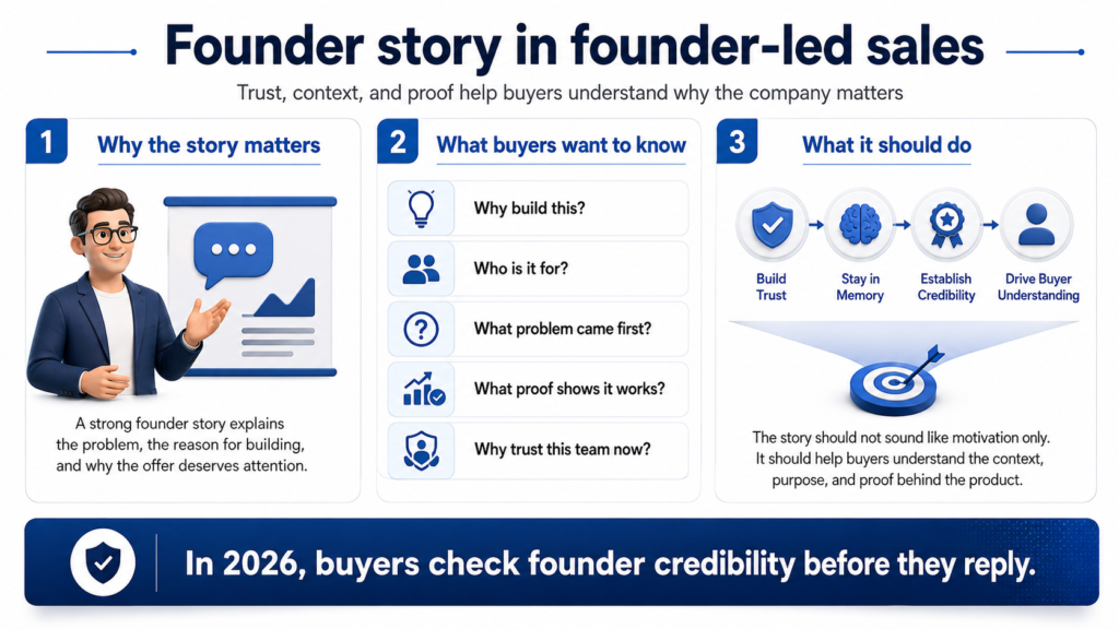 Founder story infographic showing trust, buyer questions, proof, and credibility shaping founder-led sales in 2026.