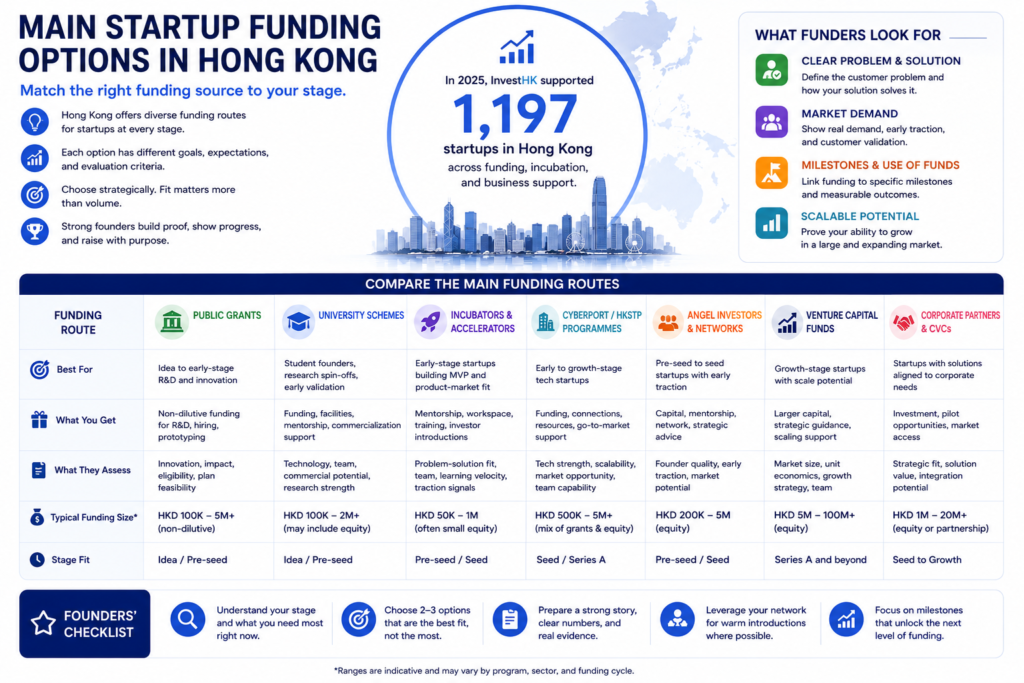 Infographic highlights 1,197 InvestHK-supported startups and compares Hong Kong funding routes by startup stage and fit.