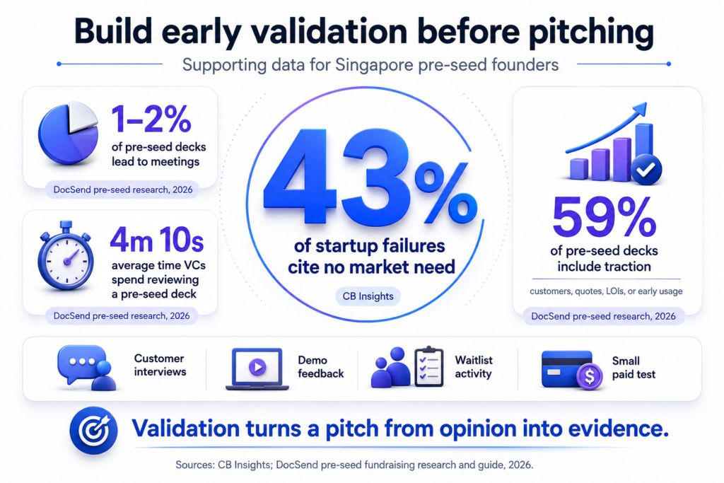 Infographic shows 43% startup failures from no market need, plus pre-seed deck meeting rates, review time, and validation signals.