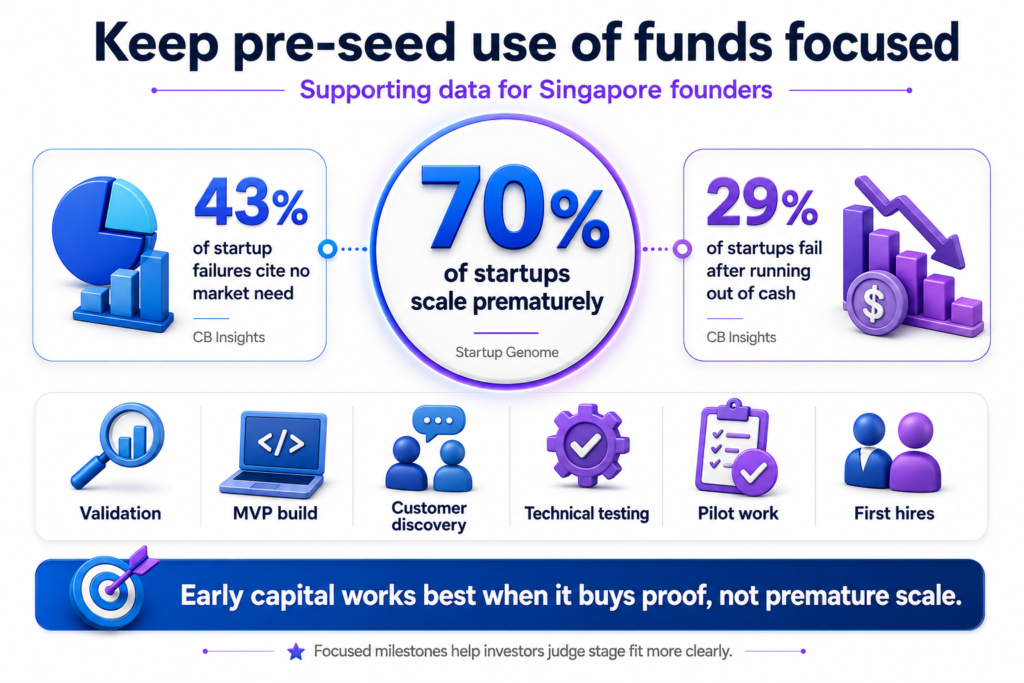 Infographic shows 70% premature scaling, 43% no market need, 29% cash failure, and focused pre-seed fund uses.