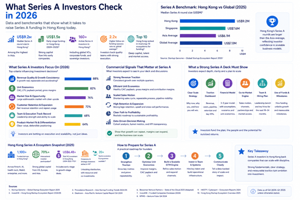 Infographic shows Hong Kong Series A funding stats US$9.2M median round, US$1.5B early funding, and 88% revenue focus.