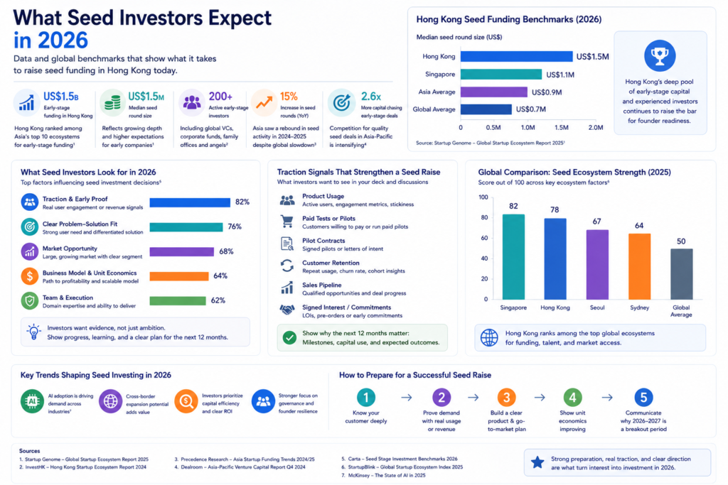 Infographic shows Hong Kong seed funding stats US$1.5B early funding, US$1.5M median seed round, 82% traction focus.