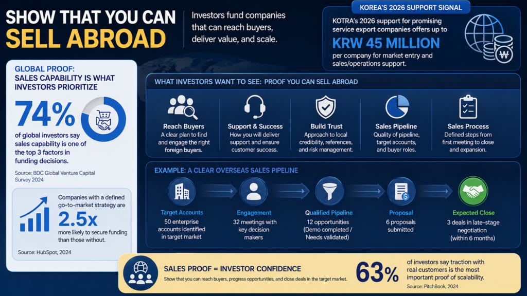 Infographic shows KRW 45M KOTRA support, 74% investor sales priority, and overseas sales pipeline proof steps.