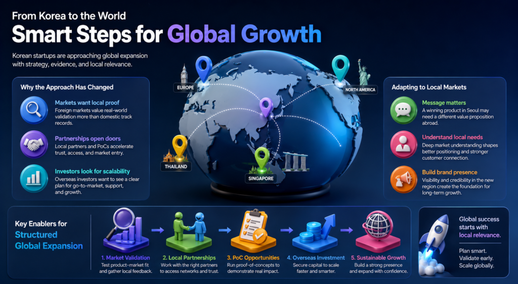 Infographic shows Korean startup global expansion cues local proof, partners, PoC, overseas funding and growth steps abroad.