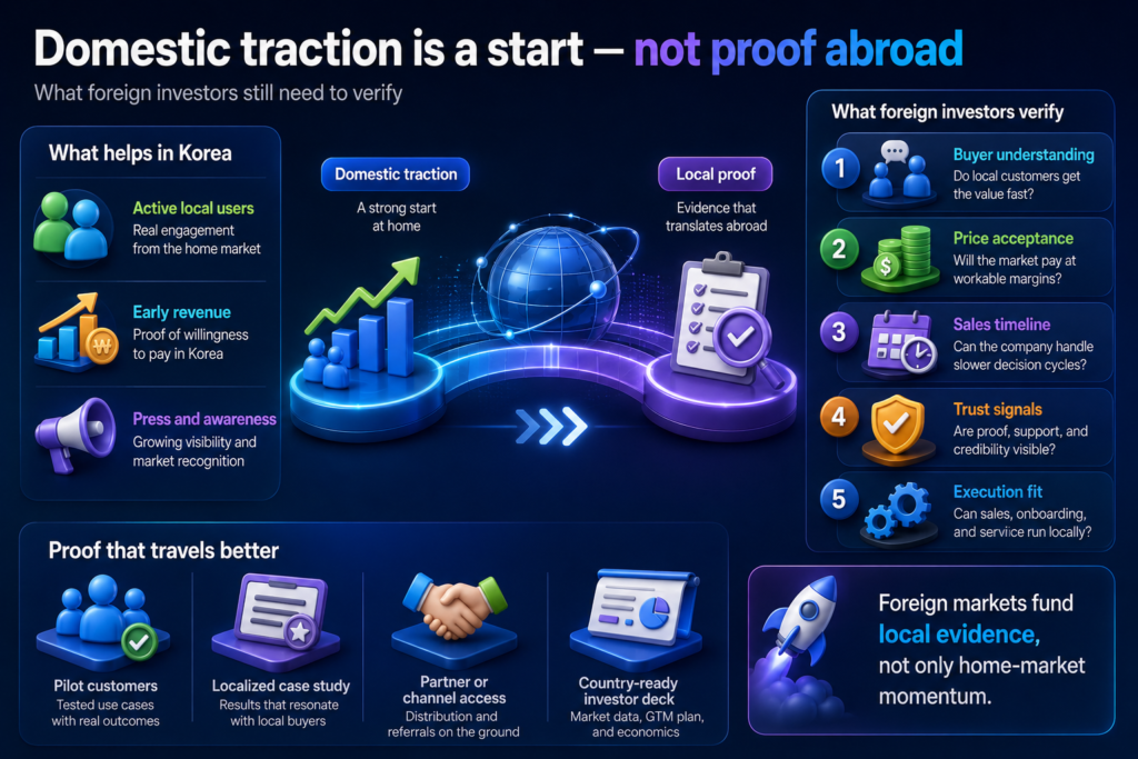Infographic shows Korean traction signals, five foreign investor checks, and four local proof assets for overseas funding.