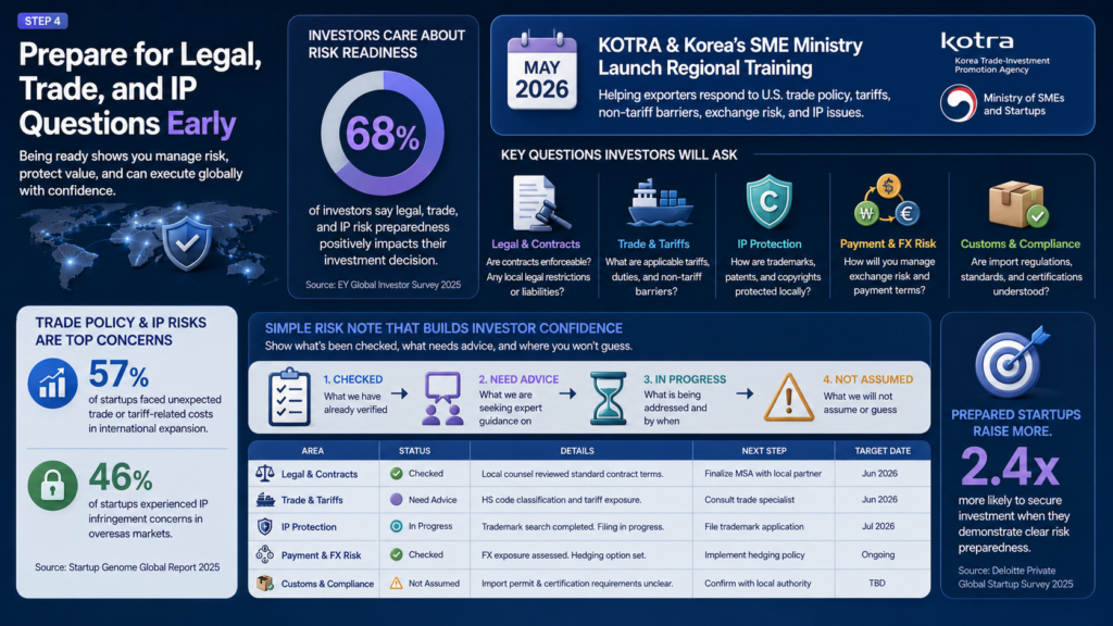 Infographic shows May 2026 legal, trade and IP checks, 68% investor risk concern, risk note table, and 2.4x funding lift.
