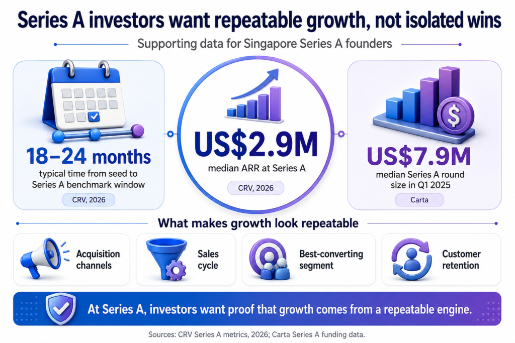 Infographic shows Series A proof data US$2.9M median ARR, US$7.9M median round, and 18–24 month seed-to-Series A window