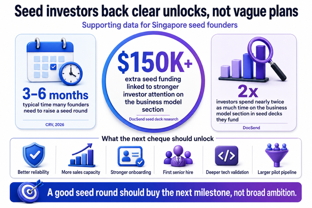 Infographic shows seed funding proof $150K+ tied to business model attention, 2x investor review time, and 3–6 month raise timeline.