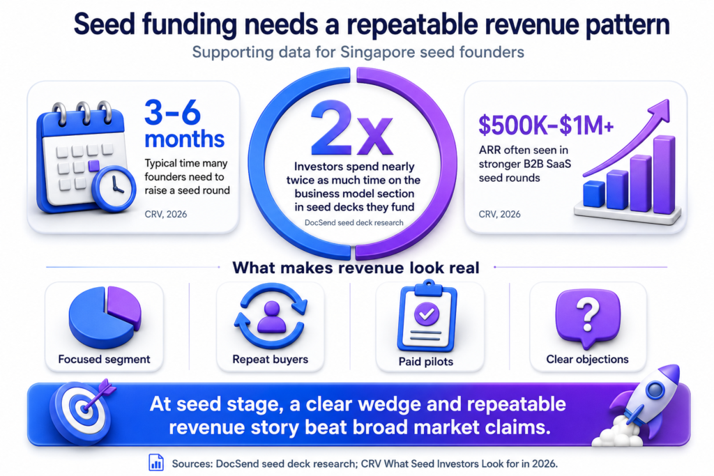 Infographic shows seed revenue proof 2x business model review time, 3–6 month raise timeline, and $500K–$1M ARR