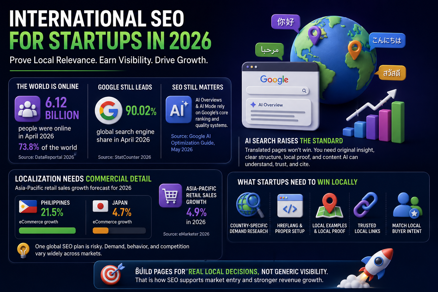 International SEO for startups in 2026 with Google, AI search, localization data, local relevance proof, growth stats AI