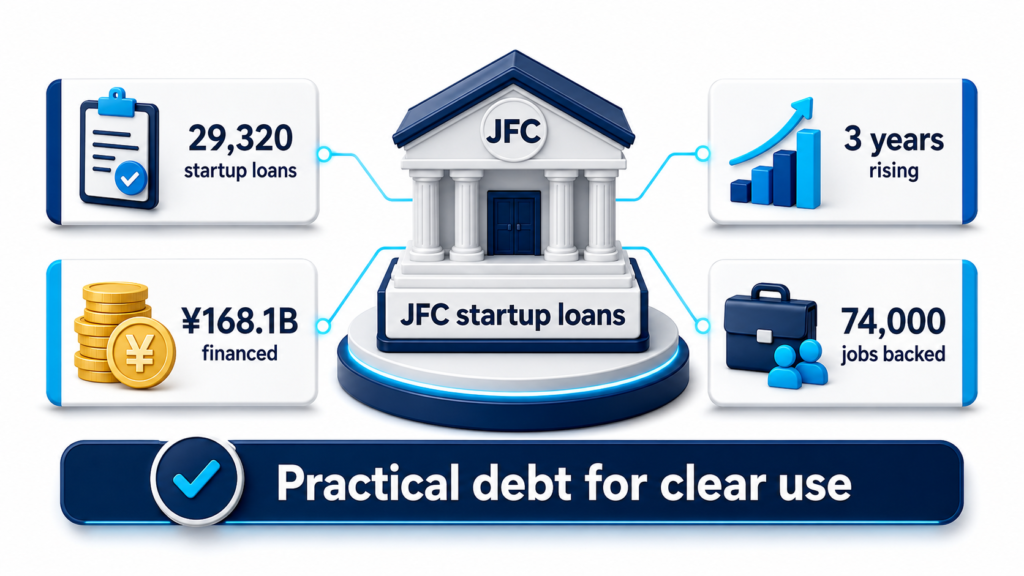 JFC startup loan infographic 29,320 loans, ¥168.1B financed, 3 years rising, and 74,000 jobs backed