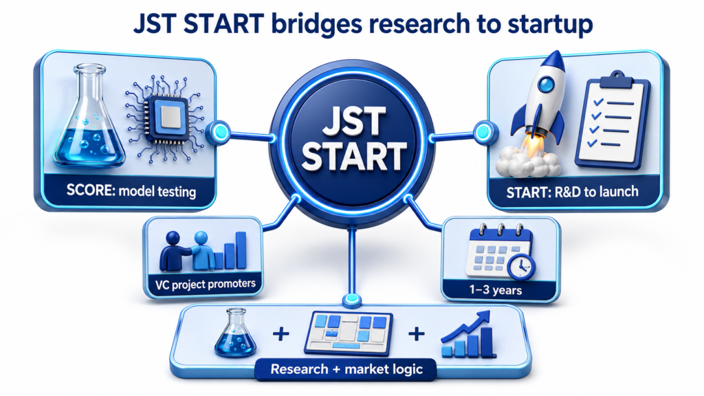 JST START infographic showing SCORE model testing, VC project promoters, START R&D launch support, and 1–3 year path