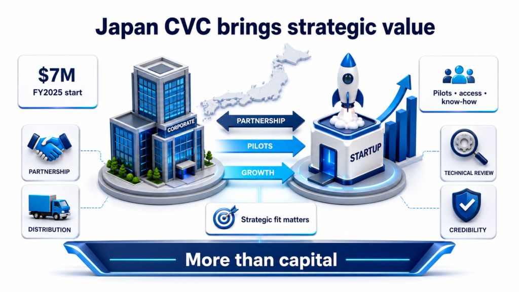 Japan CVC infographic showing strategic value through partnerships, pilots, distribution, technical review, credibility