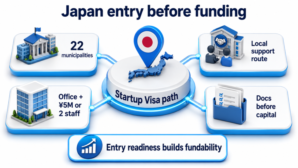 Japan Startup Visa infographic 22 municipalities, office plus ¥5M or 2 staff, local support, and docs before capital.