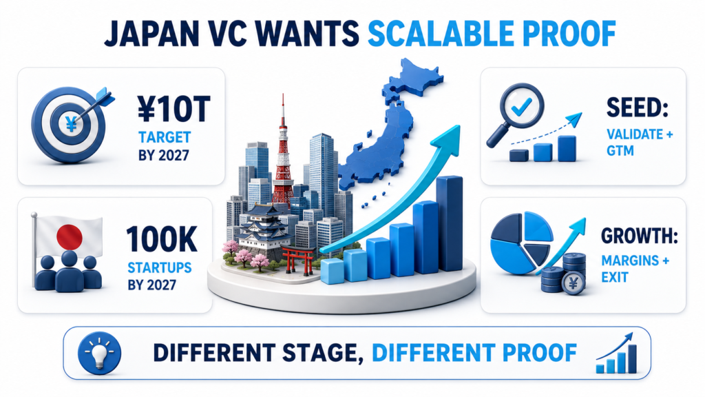 Japan VC infographic showing ¥10T target, 100K startups by 2027, and seed vs growth proof for funding readiness stages