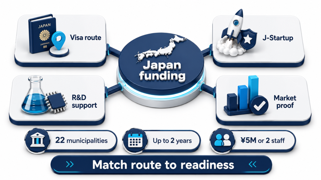 Japan funding infographic visa route, J-Startup, R&D support, market proof, 22 municipalities, and up to 2 years