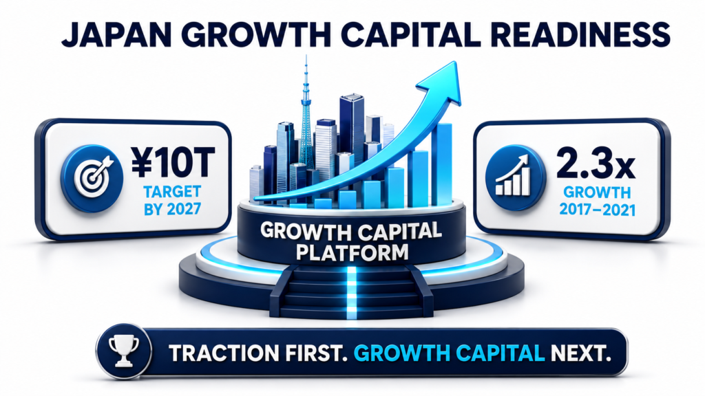 Japan growth capital infographic ¥10T target by 2027, 2.3x growth, and traction-first readiness path