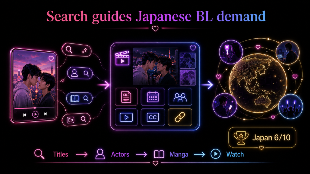 Japanese BL SEO diagram showing title, actor, manga, episode, subtitle, and watch searches leading fans to official pages