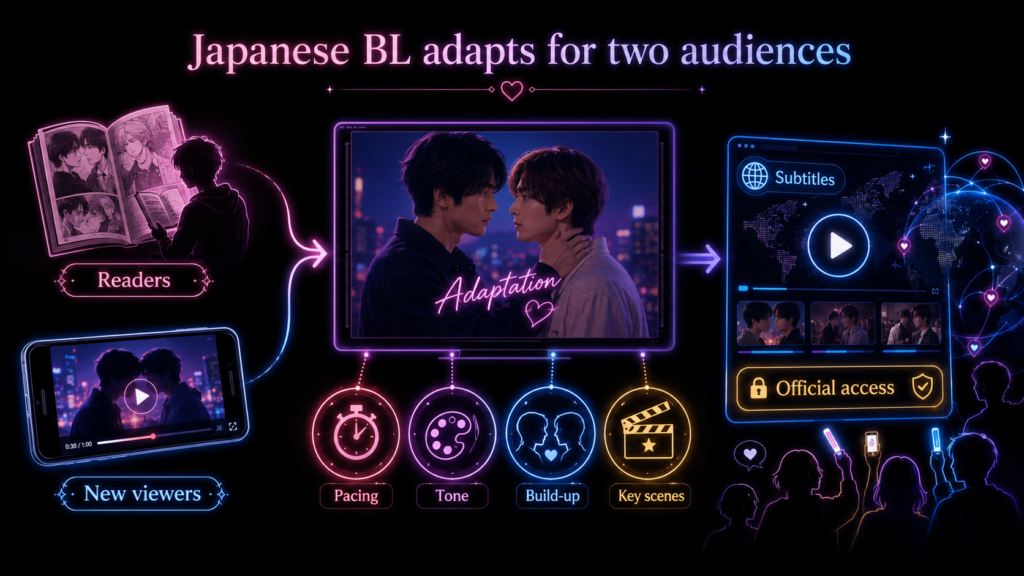 Japanese BL adaptation diagram showing readers and new viewers connecting through pacing, tone, subtitles, and official access