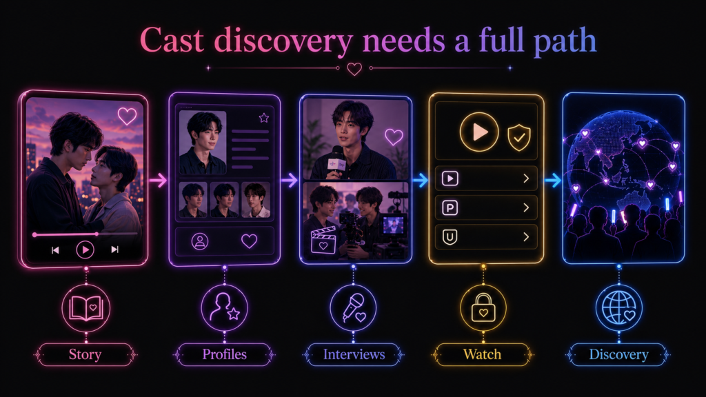 Japanese BL cast discovery diagram showing story, profiles, interviews, legal watch links, and global audience growth.