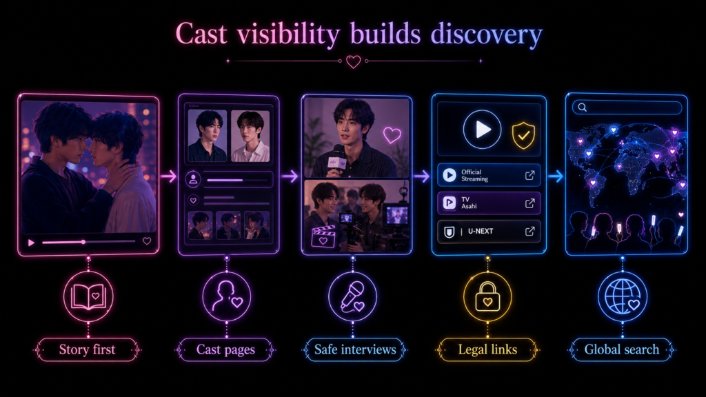 Japanese BL cast visibility diagram showing story-first discovery, cast pages, safe interviews, legal watch links, and global fan search.