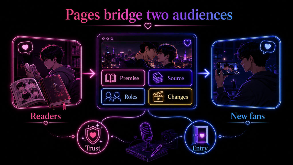 Japanese BL page strategy diagram showing readers and new fans connected through premise, source, roles, changes, trust, and entry